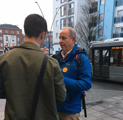 Steve Gee and a local commuter outside Epsom station